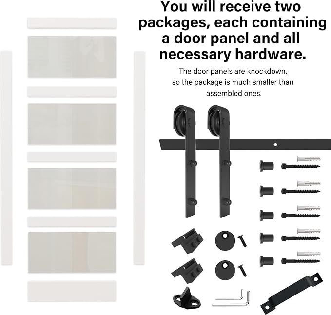 60" x 84" 5-Lites Frosted Glass Double Barn Doors and 12FT Track Hardware Kit, Easy Assembly for Mortise and Tenon Structure, Water & Scratch Resistant Sliding Barn Door, Easy to Clean, Pre-Drilled