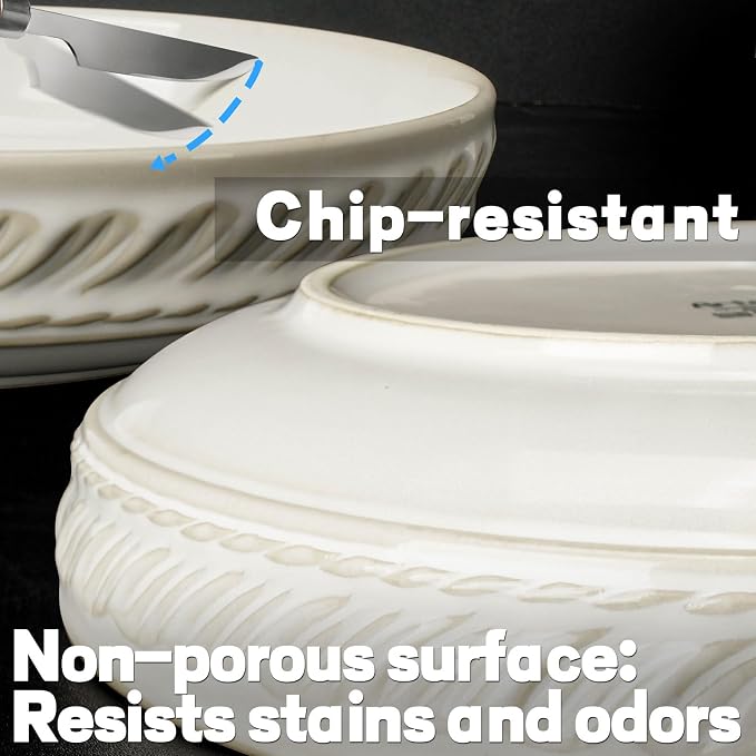 Artena Pasta Bowls, 50oz Large Salad Serving Bowls, 9.75'' Plates Bowls Set of 4, Big White Ceramic Soup Bowls for Kitchen, Embossment Shallow Dinner Bowl, Microwave Dishwasher Safe, Willow Leaf