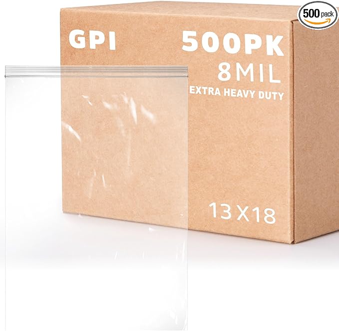 GPI - 13" x 18" Ultra Heavy-Duty Zip Bags, Extra-Large 8 Mil Thick Reclosable Puncture-Resistant Plastic Zipper Baggies, Resealable Poly Zip Top Bag for Construction, Tools & Sharp Objects. 500 Count
