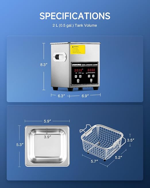 CREWORKS Professional Jewelry Cleaning Machine, 2L Jewelry Cleaning Ultrasonic Machine with Heater & Timer, Digital Sonic Cleaning Machine for Cleaning Denture Dental Irrigator Parts Retainer Glasses
