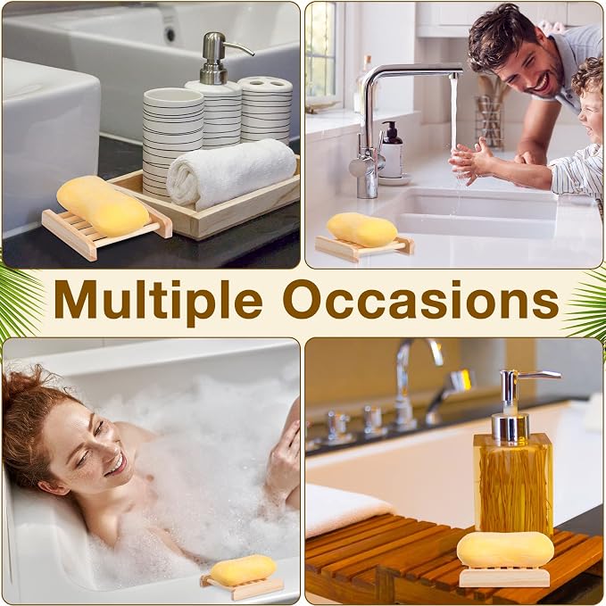 Amyhill 70 Pcs Bamboo Wood Soap Dish Bulk Bathroom Wooden Soap Holder Savers Self Draining Dishes Handcraft Tray, 3.3 x 3.3 x 0.67 Inch (Wood Color)