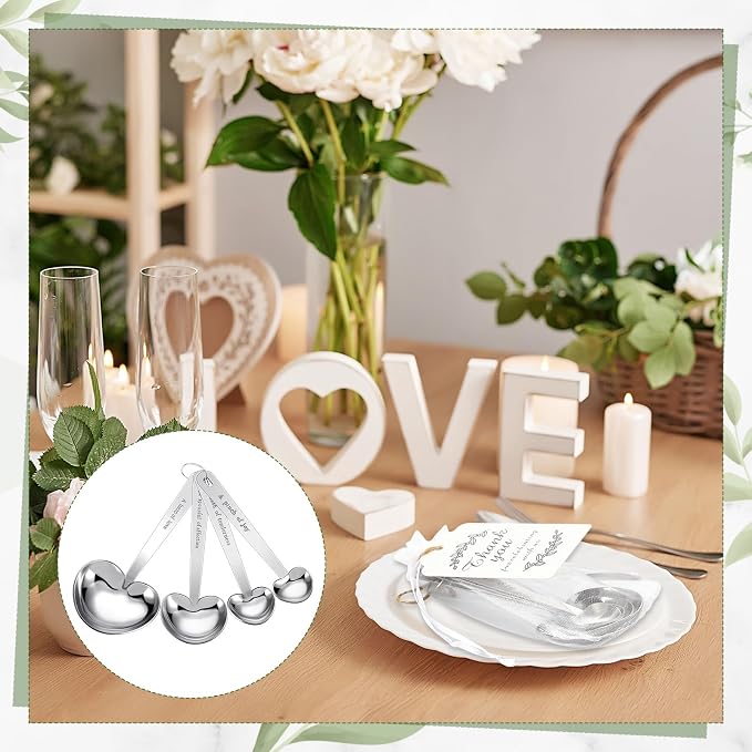 Umigy 12 Set Heart Shaped Measuring Spoon Tea Spoons Wedding Baby Shower Favors for Guests Set Heart Shape Drawstring Organza Bag Gift Tag Rope for Wedding Bridal Shower Souvenir (Silver)