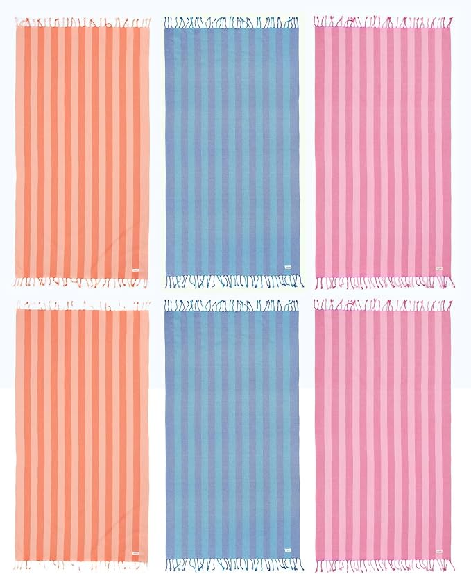 LANE LINEN 6 Pack Beach Towel Set, Oversized, 39"x71" - Summer Trio | Classic Cabana Stripe - Compact & Vacuum-Packed - Long-Lasting & Fresh - Super Soft, Cotton-Rich Feel - Absorbent
