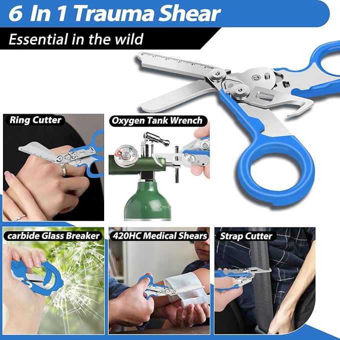 Lenporl 2 Pack Foldable Trauma Shears with Compatible Holster, Emergency Shears with Strap Cutter and Glass Breaker for Outdoor Camping Medical Scissors Tools Blue
