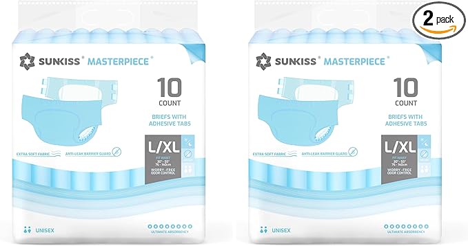 SUNKISS Masterpiece Adult Diapers with Tabs, Unisex Disposable Incontinence Briefs for Women and Men, Odor Control, Blue, L/XL, 10 Count (Pack of 2)