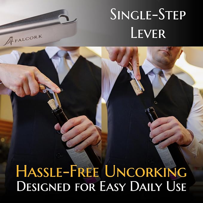 Corkscrew for Professionals FALCORK® 144 Efficiency – Exclusive One-Step Wine Key & Bottle Opener for Intensive Use in Hospitality with an Optimally Marked Helix & Smooth Natural Olive Wood Handle