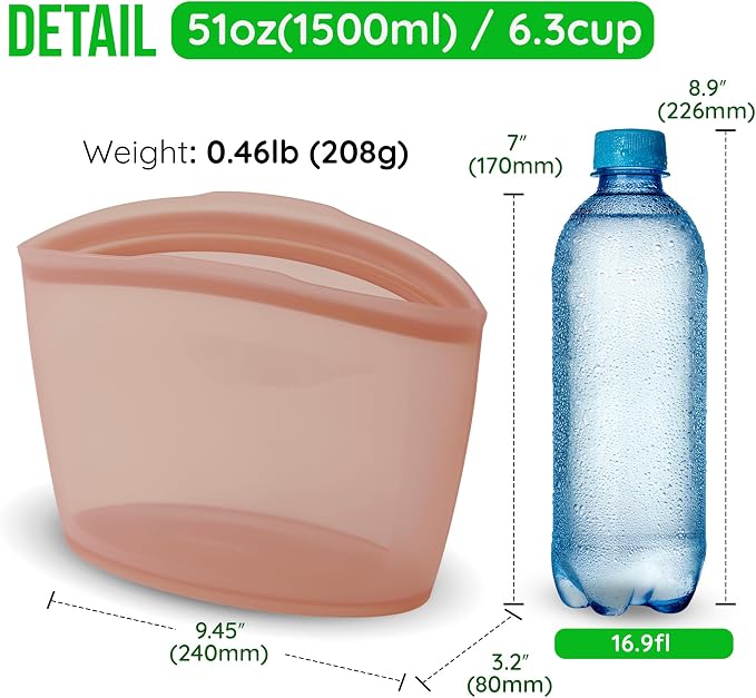 Reusable Silicone Food Storage Bag, 6 Cups, Large Container, Made in Korea BPA-Free Platinum Silicone, Triple-Airtight Freezer Bag, Microwave Safe, Sous Vide, Meal Prep, 51oz, Dry Rose