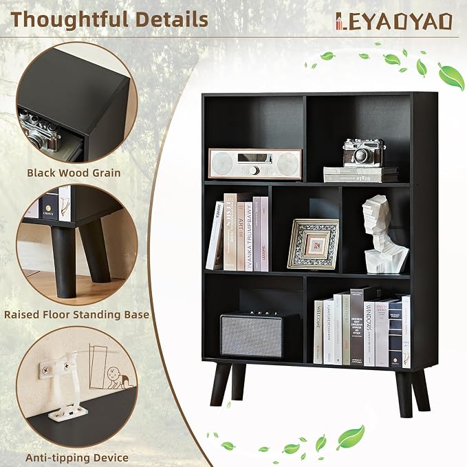 LEYAOYAO Cube Bookshelf, Mid-Century Modern Book Shelf with Legs, Black | 3 Tier Bookcase, Rustic Wood Bookshelves Freestanding Small Storage Organizer, Open Shelves for Bedroom, Living Room, Office