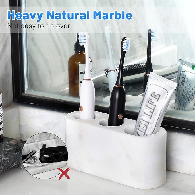 BCS Toothbrush Holder for Bathrooms, 3 Slots Marble Toothbrush Organizer, Makeup Brush Stand Toothbrush Storage Collection for Bathroom Countertop Vanity Organization - White