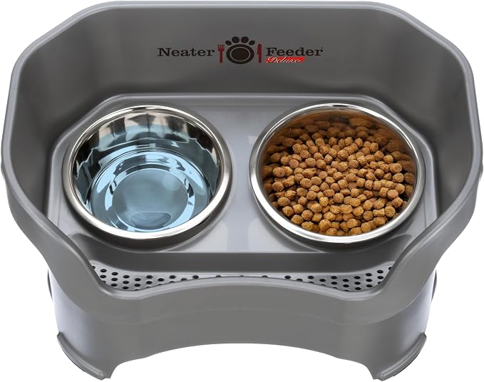 Neater Pet Brands Neater Feeder Deluxe Mess Proof Dog Bowls Elevated for Large Dogs Over 40 lbs, Made in USA, No Spill Raised Dog Food Bowl Stand Feeding Station, Food and Water Bowl Set, Gunmetal