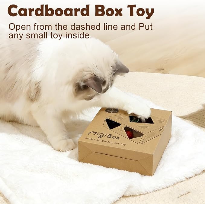 Migipaws Interactive Cat Toy -Migibox Without Popskin, Puzzle Toy for Indoor Bored Cats, Automatic Pop Out Feathers from 7 Holes Randomly, Motion Activated, USB Rechargeable
