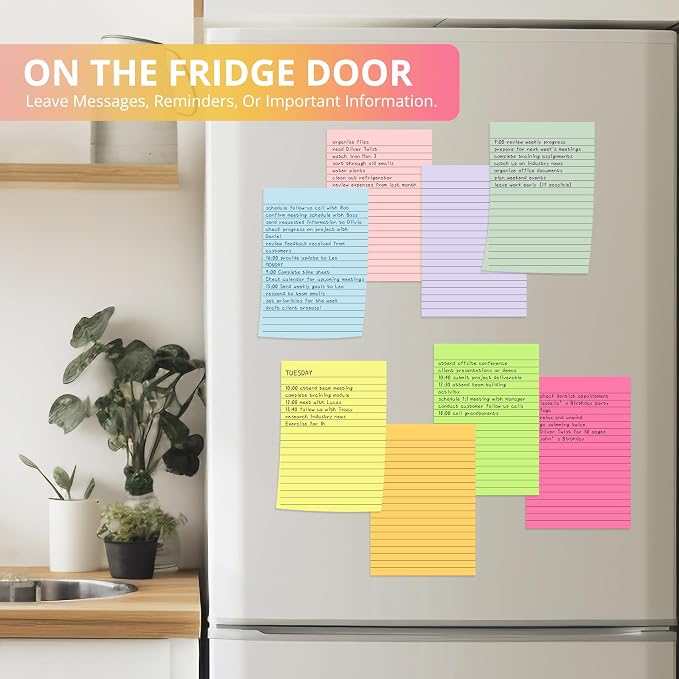 Lined Sticky Notes, 24 Pads, 4x6 Inches, Large Sticky Notes with Lines, Memo Note Pads in Multi Colors, 30 Sheets/Pad, Super Sticking Power for Office ＆ Home & Planning - Bright