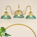 Vintage Bathroom Vanity Light, 3-Light Brushed Gold Finish Wall Sconce with Hanging Crystal Accents and Flower-Shaped Teal Glass Shades, Retro Wall Mount Vanity Light Over Mirror for Bathroom