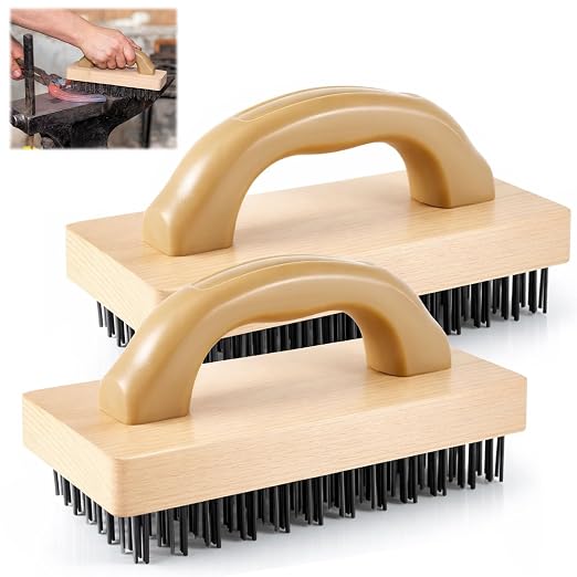 2 Pcs 9'' Ergonomic Steel Butcher Block Scratch Brush, Durable and Effective, Steel Wire Broiler Bristle Brush for Cleaning Dirt, Rust and Electroplating and Welding Operations