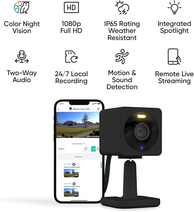 Wyze Cam OG Indoor/Outdoor 1080p Wi-Fi Smart Home Security Camera with Color Night Vision, Built-in Spotlight, Motion Detection, 2-Way Audio, Compatible with Alexa & Google, Black, Free Expert Setup