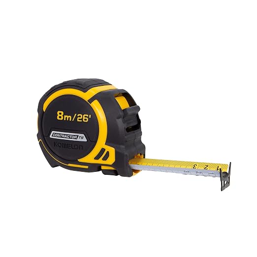 Komelon 26-Ft/8m Contractor TS Wide Blade Tape Measure with Backside Printing, Manual Lock, Long Standout (93425IM)