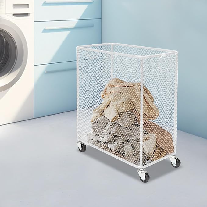 Laundry Hamper with Wheels, Rolling Laundry Basket Cart, Rectangular Metal Mesh Clothes Hamper with Metal Pull Handle for Laundry Room and Bedroom, White, 16.9" x 9" x 17.7"