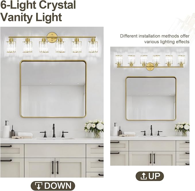 Crystal Bathroom Light Fixtures,Bathroom Lighting Fixtures Over Mirror, Modern 6-Light Brushed Nickel Vanity Lights for Mirror, Restroom,Kitchen(Ceramic E26 Socket,Bulbs Not Include)