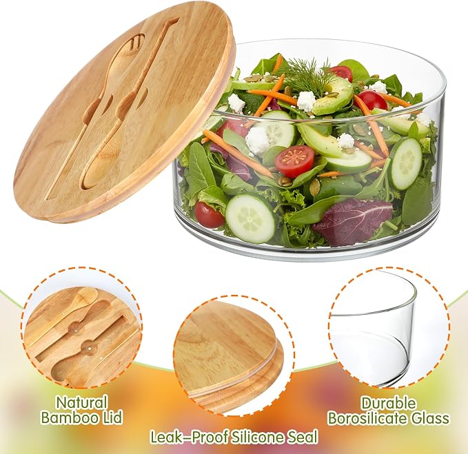 215oz Extra Large Glass Trifle Bowl with Sealing Lid 10 Inch Large Salad Bowl with Wood Serving Utensils Versatile Mixing and Serving Container for Laying Ice Cream Cake Fruit Dessert