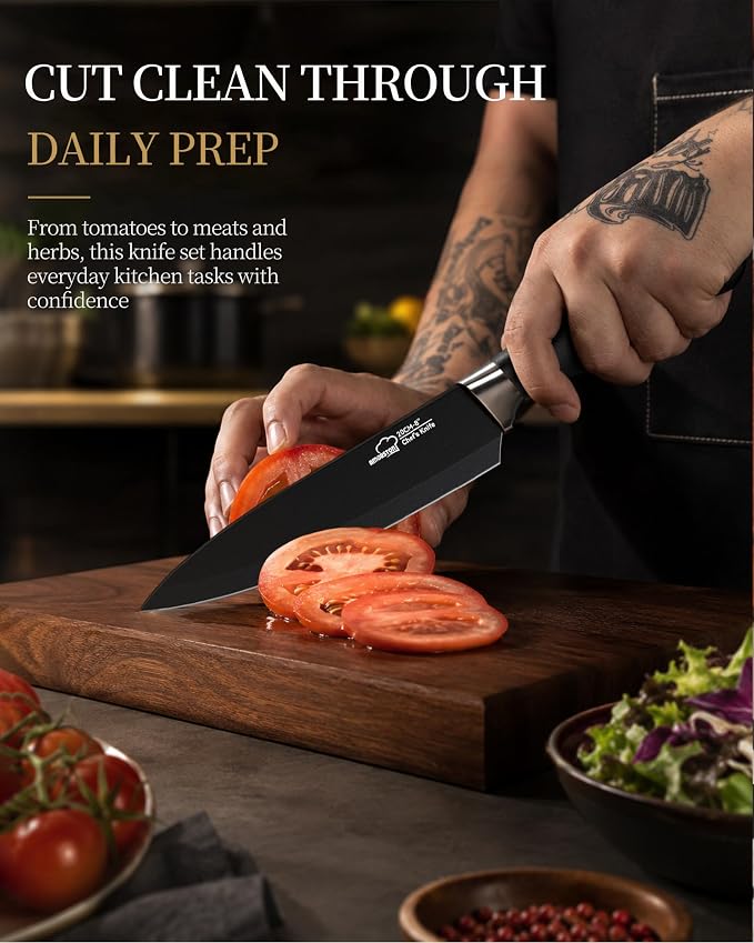 Knife Set 15 Piece Kitchen Knife Set with Block | Built in Sharpener, German Stainless Steel, Dishwasher Safe, Black Kitchen Knives Complete Set, For Home Cooking & Gifting