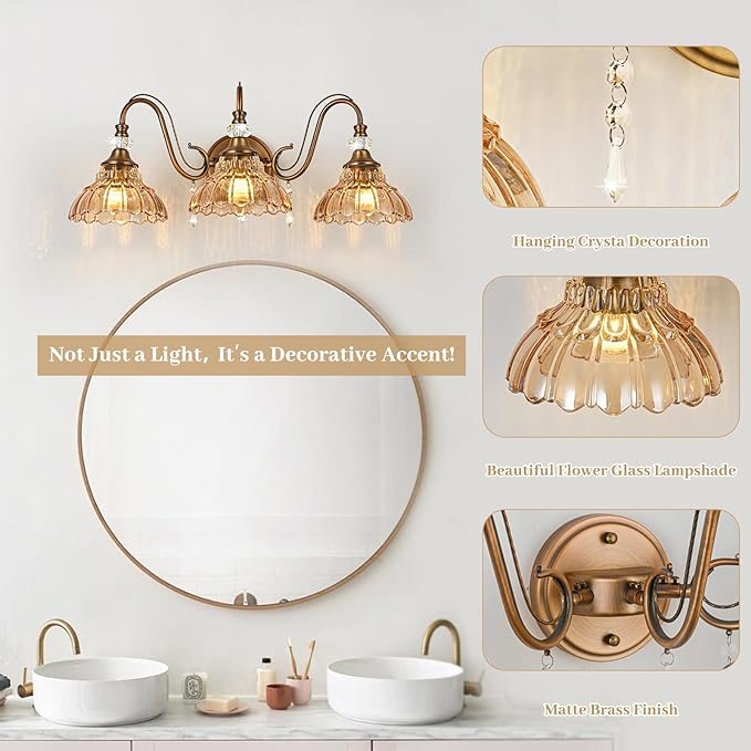 Vintage Bathroom Vanity Light, 3-Light Matte Antique Brass Finish Wall Sconce with Hanging Crystal Accents and Flower-Shaped Amber Glass Shades, Retro Wall Mount Vanity Light Over Mirror for Bathroom