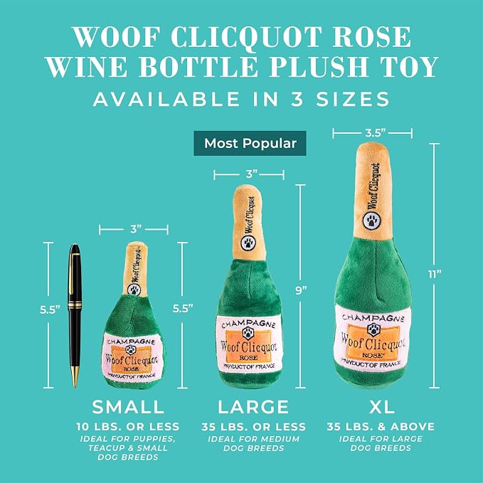 Haute Diggity Dog Woof Clicquot Rose Plush Squeaker Bottle - Small Machine-Washable Safe Fabric for Enrichment - Designer Dog Toys & Birthday Dog Toy for Puppies & All Breeds, Size Small
