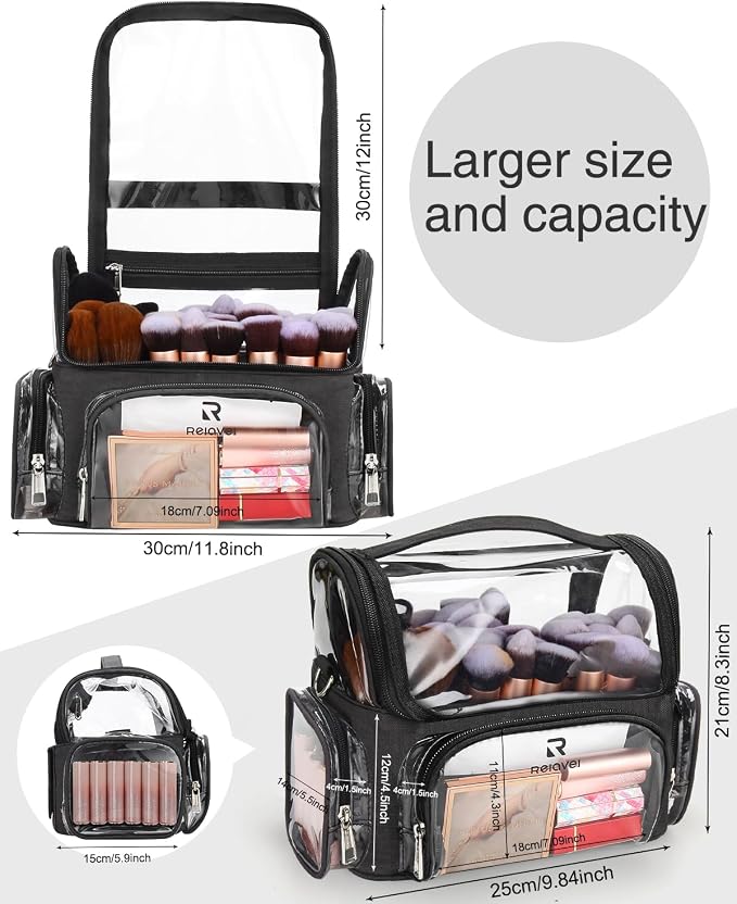 TANTO Clear Makeup Brush Case,Stand-up Makeup Cup Large Cosmetic Organizer Holder Professional Makeup Artist Travel Case with Adjustable Divide&Strap (02-Black（X Large）)