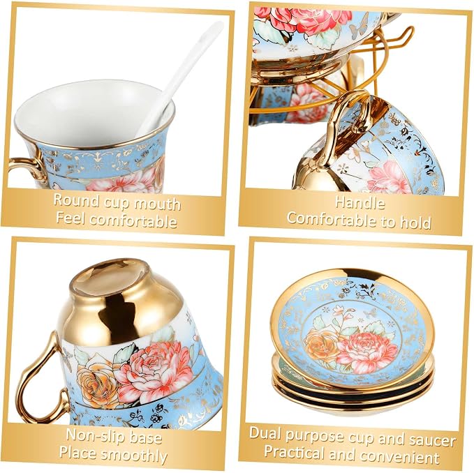 Zhehao 20 Pcs Porcelain Tea Set with Metal Holder and Spoon Adult Ceramic Tea Set European Flower Painting Teapot Cup Saucer Spoon for Women Mom Gift, Large Version (Simplicity Style)