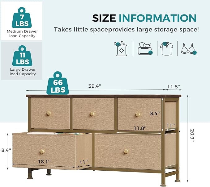 OLIXIS 5 Drawer Dresser for Bedroom, Storage Organizer for Closet, Khaki | Chest of Drawers for Clothes Storage with Bins, Wide Fabric Bedroom Dresser, Wooden Top, Living Room, Black Wood