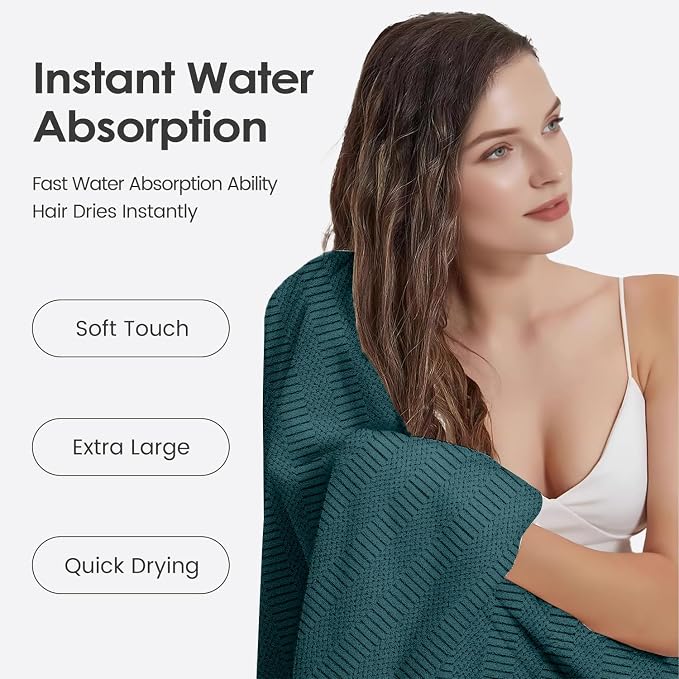 JML Microfiber Bath Towels, Teal, 30" x 60", Set of 2 | Hanging Hook, Lint Free, Oversized, Soft, Super Absorbent, Fast Drying, Use for Sport, Fitness, Yoga, Diamond Cross Grid