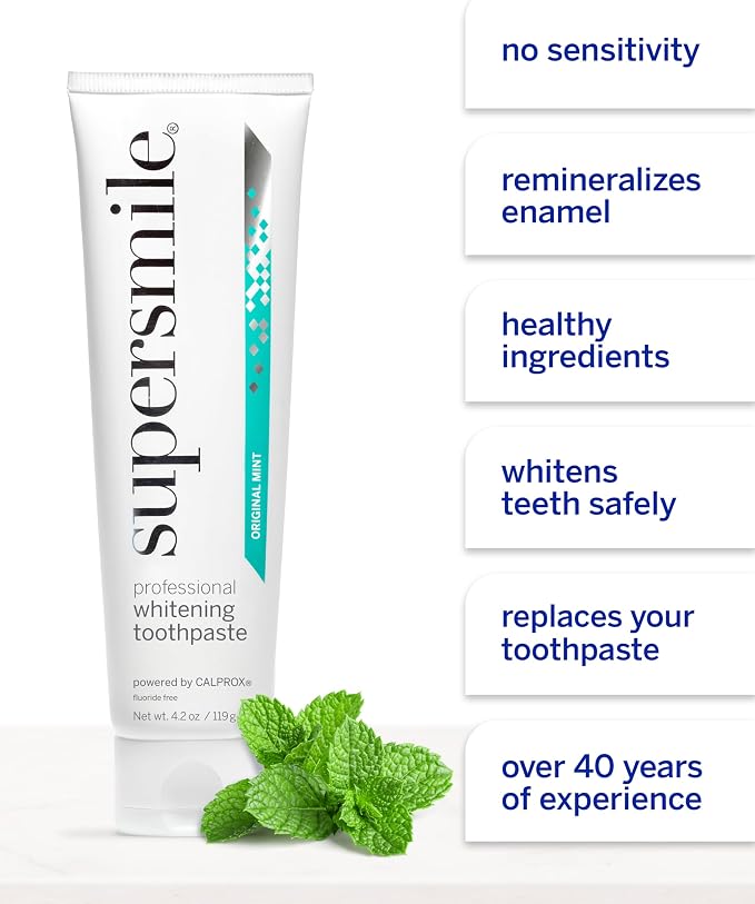 Supersmile Original Mint Whitening Toothpaste, 8 Oz, Whitens 6 Shades | Fluoride-Free Calprox® Formula, Signature Wild Mint Flavor, Veneer Safe, Sensitive Teeth Safe, SLS-Free, RDA 65