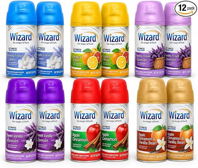 Wizard Automatic Spray Refills Everyday Variety Pack Compatible with Air Wick Freshmatic Dispensers Sweet Vanilla Lavender Freshly Picked Lavender Tropical Citrus Apple Cinnamon 12 Pack