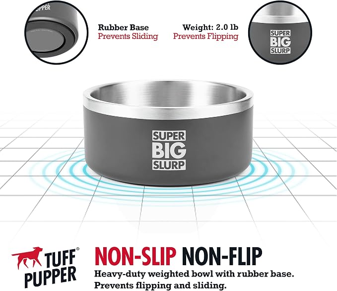 Tuff Pupper Heavy Duty Insulated Dog Bowl | Double Wall Stainless Steel Dog Food Dish | Non-Slip Spill Proof Dishwasher Safe Cat Bowl | Water Dish for Feeding Large Medium Small Pets (66oz, Grey)
