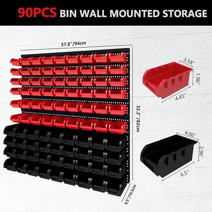 90Pcs Plastic Wall Mounted Storage Bins Parts Rack Nuts And Bolt Bins Organizer For Shop Garage for Screws, Nuts, Bolts, Nails, Beads, and Small Hardware Parts(RED+BLACK, 90)