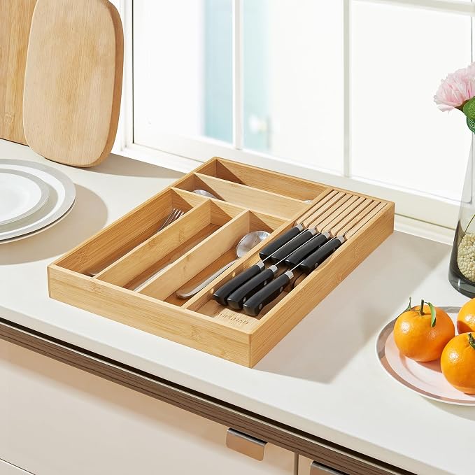 TIOPGHAD Small-Bamboo-Silverware-Drawer-Organizer, Expandable Utensil Kitchen Cutlery Tray Flatware Organization Adjustable Wood Tableware Dividers Storage (with Removable Knife Block)(Natural)