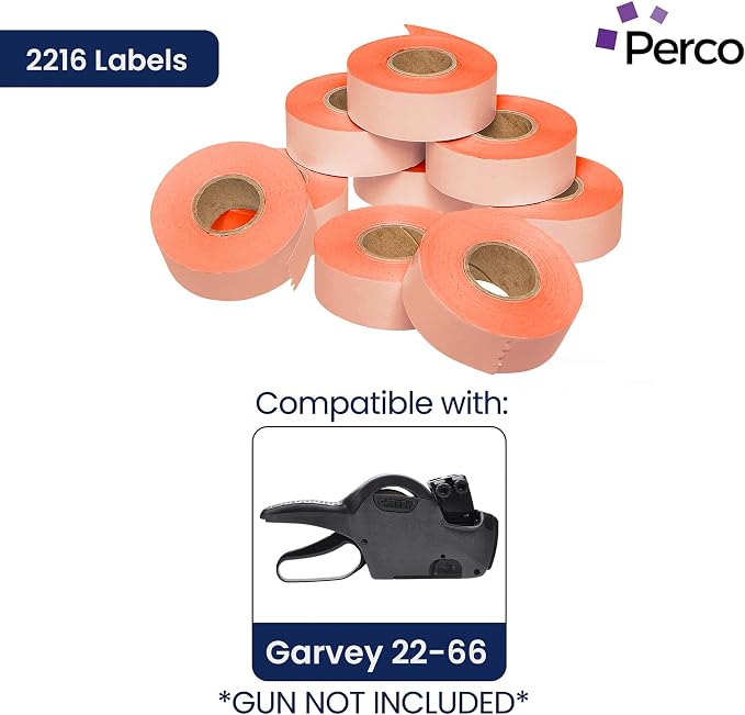 Perco Fluorescent Red Price Marking Labels - 9,000 Blank Labels for Garvey 22-66/22-77/22-88 Two Line Pricing Gun with Ink Roll Included - 9 Rolls, 1 Sleeve - Made in USA