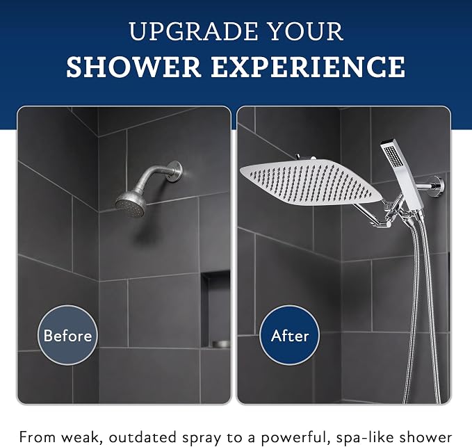 G-Promise All Metal 16 Inch Dual Square Shower Head with Handheld Spray Combo, Rain Shower Head, Adjustable Extension Arm, 3-Way Diverter, 71 Inch Extra Long Hose - A Bathroom Upgrade (Chrome)