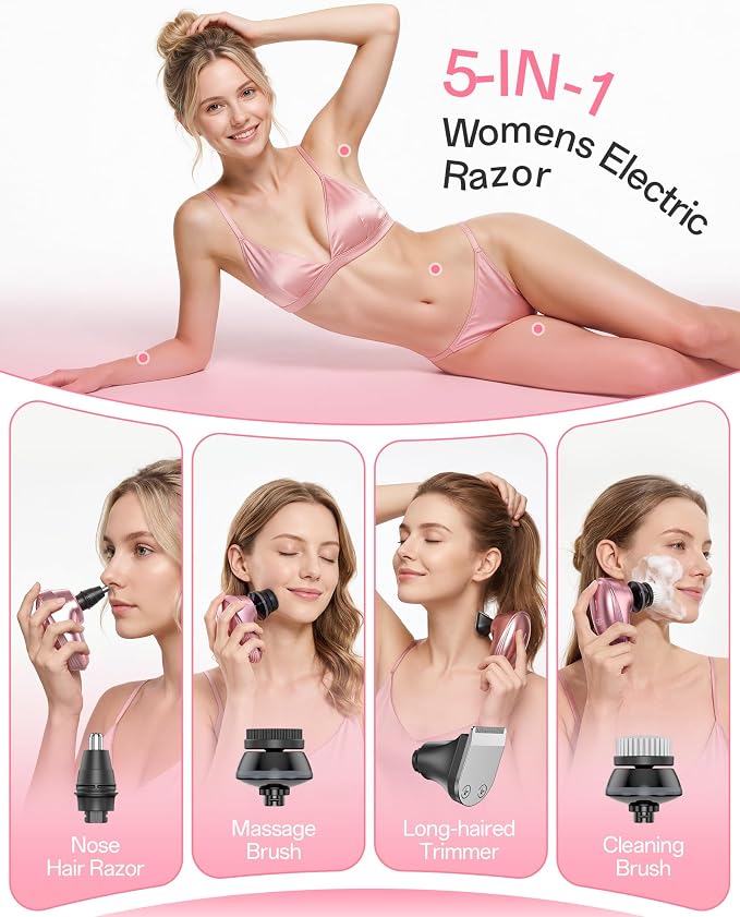 Electric Razors for Women, 5-in-1 Womens Electric Shavers for Legs, 7D Waterproof Wet Dry Travel Body Hair Remover Bikini Shavers for Lady Face Underarms Public
