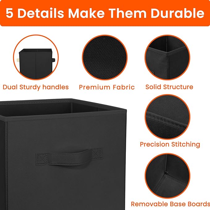 Storage Cubes, 11 Inch Clothes Storage Bins for Shelves Closet (10 Pack), Fabric Collapsible Storage Bins with Dual Handles, Cubby Storage Baskets for Magazines, Dorm Essentials (Black)