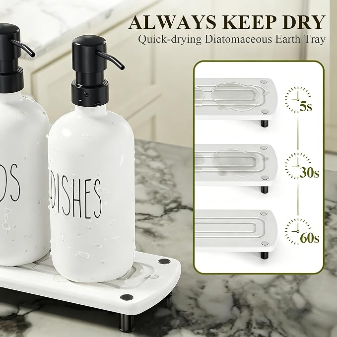 Cisily Kitchen Soap Dispenser Set Comes with Ceramics Sponge Holder, Gold Pumps, and Instant Dry Tray, Hand and Dish Soap Dispenser Set (4, Black + White + Sponge Holder)