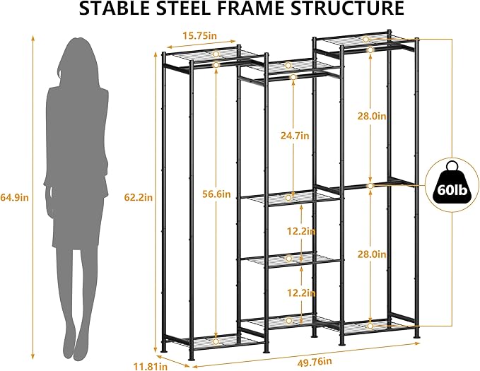 HOMIDEC Wardrobe Closet, 4 Hanging Spaces Portable Clothes Rack,Free Standing Closet Organizer and Storage System with Hanging Rods,Clothing Rack Suitable for Cloakroom,Bedroom,Entrances,etc.Black