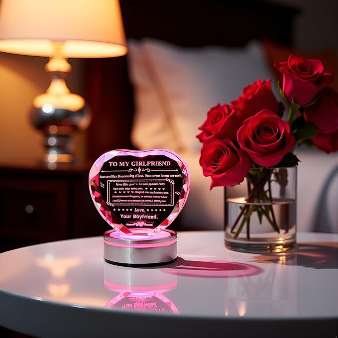 Gifts for Girlfriend Crystal Heart with LED Base Gifts to My Girlfriend from Boyfriend Romantic Anniversary Birthday I Love You Gifts for Her