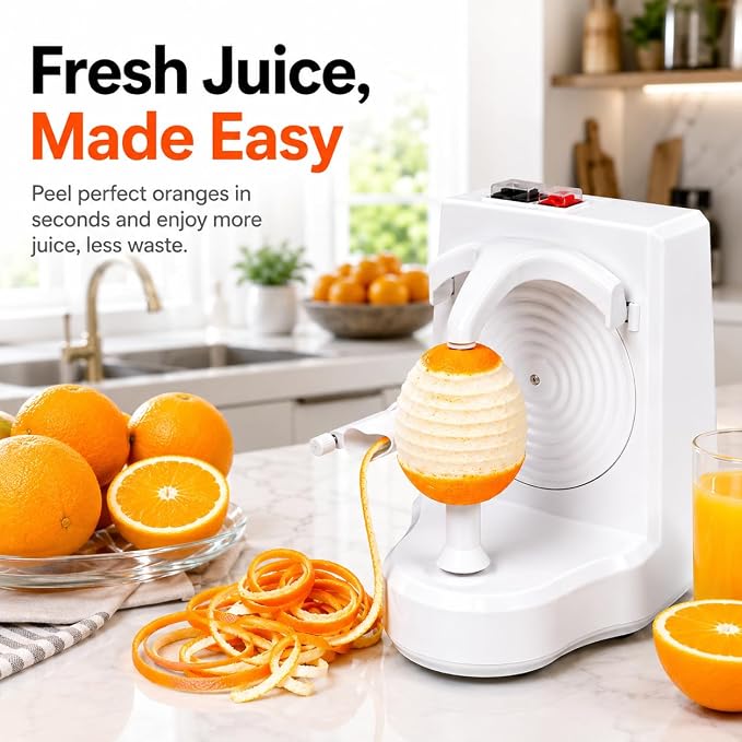 Electric Orange Peeler Automatic Fruit and Vegetable Peeler Machine, Peels Apples, Potatoes, Citrus, Stainless Steel Blade, Compact White (White)