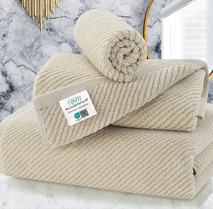 VOOVA & MOVAS 3PC Towel Set, 100% Cotton, Light Tan | 1 Large Bath 30x56 In, 1 Hand 18x28 In,1 Wash Cloth 13x13 In, Quick Dry, Soft, Thick, Bathroom Essentials