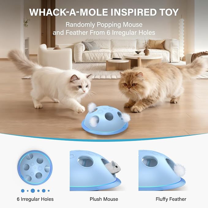 Pawingcat Automatic Cat String Toy 6 Holes Whack a Mole Cat Toy with Plush Running Cat Mouse Toy Hide and Seek Interactive Cat Toys for Indoor Cats（Blue）