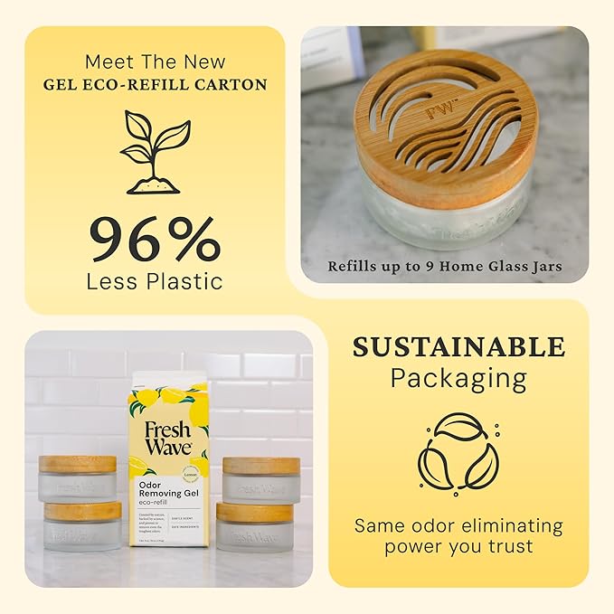 Fresh Wave Odor Removing Gel Eco-Refill, 63 oz. Lemon Scent | 4 Empty Refillable Glass Jars | 4 Room Set