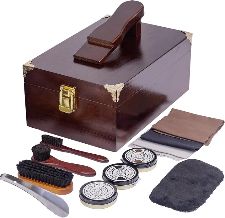 10 Pcs Deluxe Shoe Shine Box Set & Shoe Care Polish Kit with Foot Rest, Wooden Care Tools Storage Box Perfect for Multi- Leather Shoes