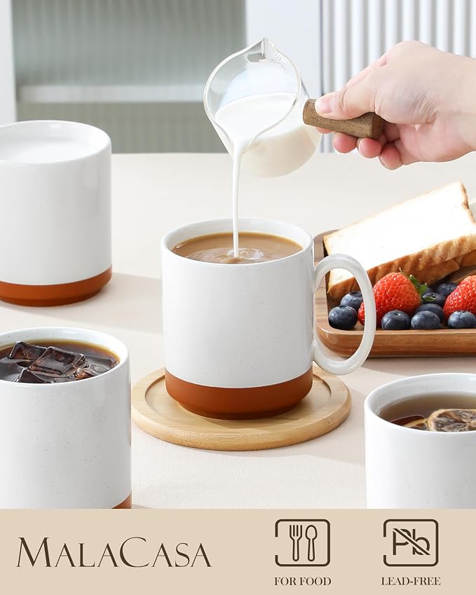 MALACASA 16oz Ceramic Coffee Mugs Set of 4, Stackable Coffee Cups with Straight-Sided Design, Mugs for Coffee, Latte, Tea, Hot Chocolate, Cappuccino and Cocoa, Microwave & Dishwasher Safe, Khaki White
