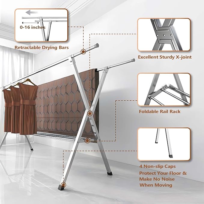 Clothes Drying Rack 2 Tiers, Heavy Duty Drying Rack Clothing Folding Indoor Outdoor, Stainless Steel Laundry Drying Rack, Foldable Garment Rack with 20 Windproof Hooks (84 Inches)