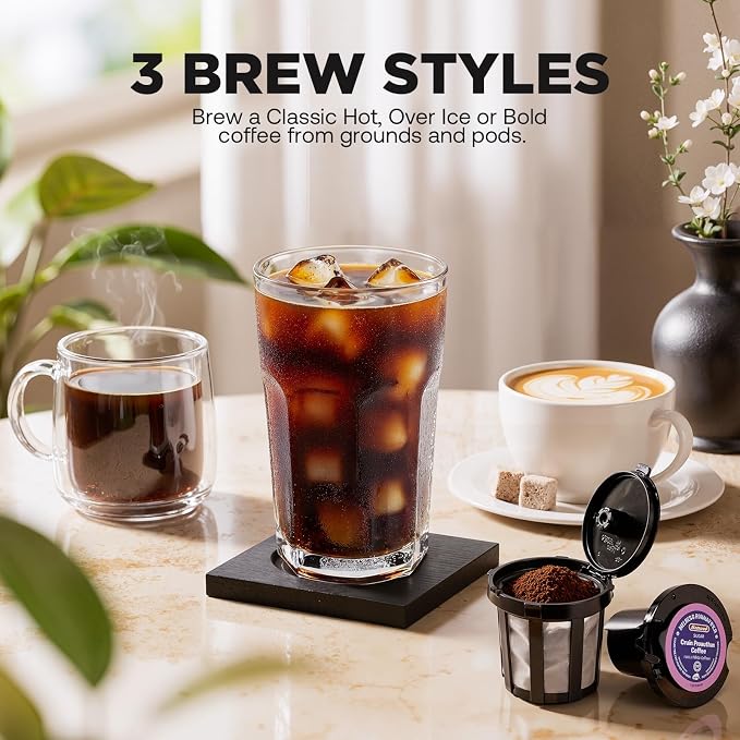 Tastyle Single Serve Coffee Maker Hot and Iced with Bold Brew, Up to 16 Oz | for K Cup and Ground, Fits 7.3'' Travel Mug, 5 Cup Sizes, Compact for Office, RV& Hotel, K320, 3.0 Version, Purple